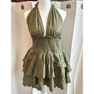 Reset by Jane Mini Dress Large Green Lace Halter Babydoll Fairy Goblincore 19860